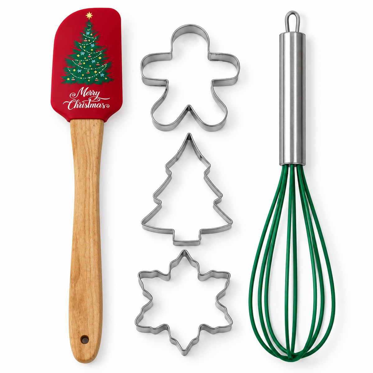 Set utensili da cucina natalizi – Spatole, formine per biscotti e frusta, diverse composizioni per dolci di Natale