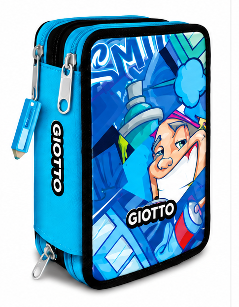 Astuccio Giotto 3 Zip Completo con Pastelli Giotto SUPERMINA e Pennarelli Turbo Color – 3 Grafiche Disponibili