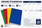 Confezione 20 Quaderni Maxi  – Righe o Quadretti, Colori Assortiti