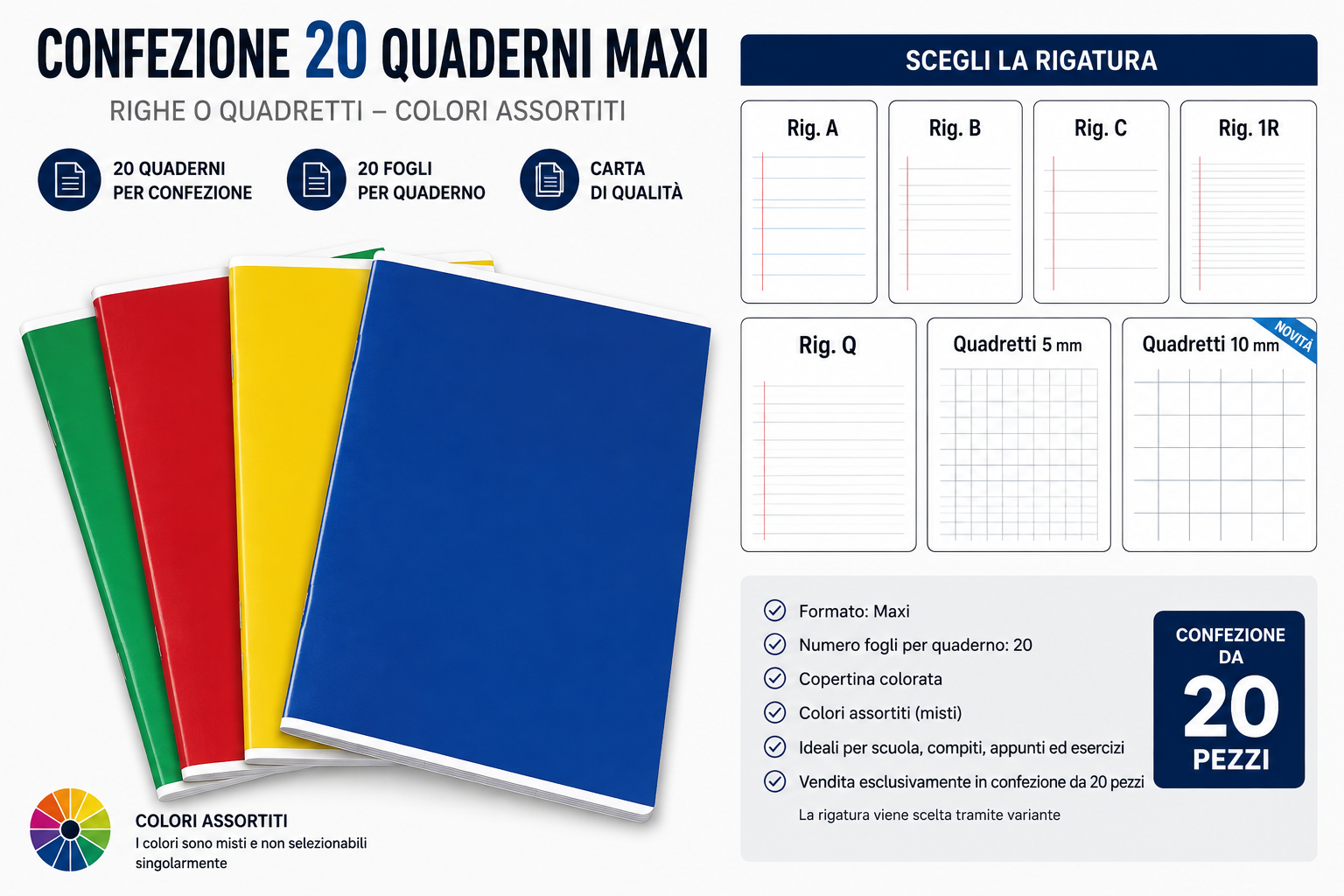 Confezione 20 Quaderni Maxi  – Righe o Quadretti, Colori Assortiti