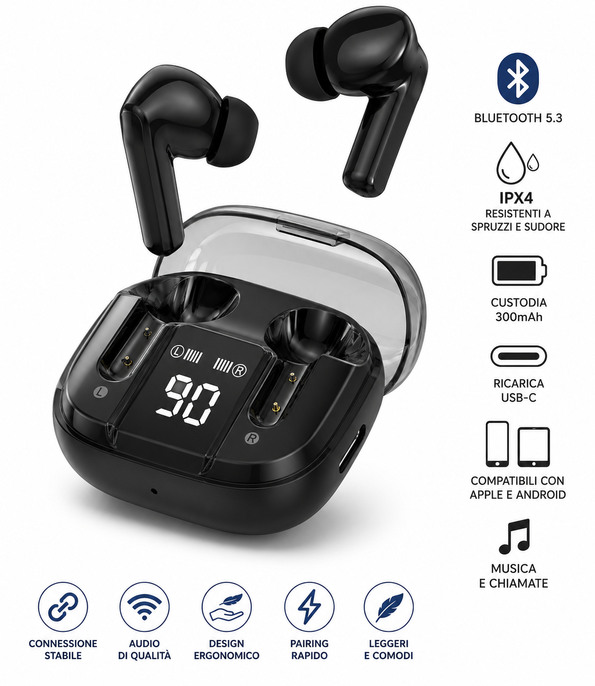 Auricolari Wireless Bluetooth 5.3 NQ9741 con Custodia di Ricarica USB-C – Vari Colori